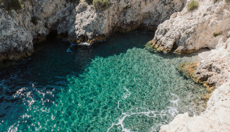 Gentle waves ripple over sparkling turquoise waters as they meet rugged, sunlit cliffs. The scene radiates tranquility, inviting exploration and relaxation at this hidden seaside spot.の写真素材