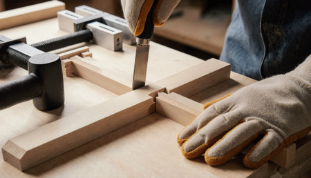 Hands expertly carve a wooden piece, showcasing skill and focus. Surrounded by tools, a carpenter...