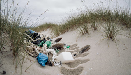 On a cloudy day, tangled ropes, colorful plastics, and feathers lie scattered on a sandy beach,...