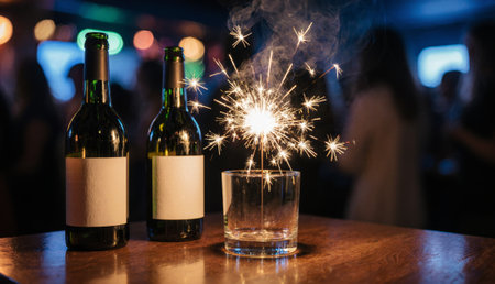 Bottles of wine sit on a wooden table while a sparkler lights up a clear glass, creating a festive atmosphere in a bustling venue filled with cheerful people at night.の写真素材