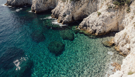 Rugged cliffs drop into crystal-clear turquoise waters, reflecting sunlight. The serene coastline invites exploration, with gentle waves lapping against rocky formations.の写真素材