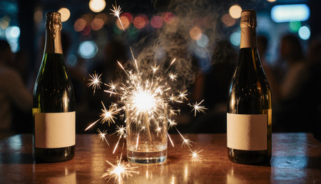 Two bottles of champagne stand tall beside a sparkling firework in a glass. The bustling bar is filled with cheerful energy and soft lights, creating a joyful atmosphere.の写真素材