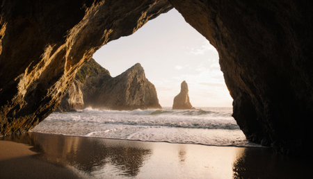 Waves lazily lap against the sandy shore as golden sunlight filters through a rocky cave opening. Cliffs rise dramatically on either side, creating a serene coastal scene at dusk.の写真素材
