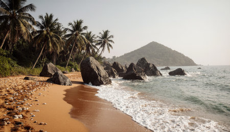 Golden morning light bathes a tranquil beach, where waves gently lap against rocky formations. Palm trees sway in the soft breeze, adding a peaceful vibe to this coastal scene.の写真素材