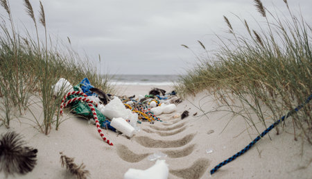 Colorful pieces of plastic and trash mar the tranquility of a beach, with soft sand dunes and sea grass framing the view. The sky is gray, hinting at an overcast morning by the water's edge.の写真素材