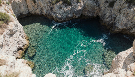 Vibrant turquoise waters dance among rugged rocks as waves gently crash against them. This peaceful cove promises serenity, kissed by the sunâs warm embrace, inviting relaxation.の写真素材