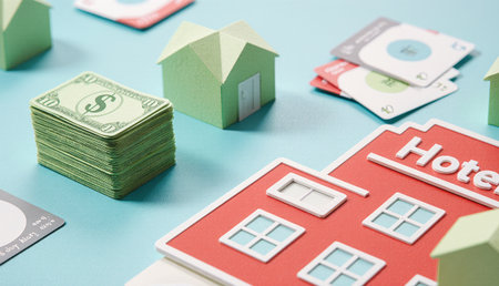 Friends gather around a table for a fun-filled game night, competing to build properties and collect money with vibrant game pieces in a lively and cheerful atmosphere.の写真素材