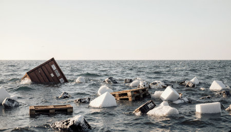An unsettling scene unfolds on the ocean as a shipping container partially sinks in the water, surrounded by floating pallets and blocks of ice. The sun sets in the background, casting a warm glow.の写真素材