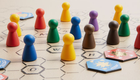 Different colored game pieces occupy a hexagonal board filled with strategic options. Friends laugh and share ideas during a fun evening of playful competition and teamwork.の写真素材