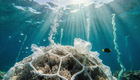 Beneath the shimmering surface of a tropical sea, a coral reef stands adorned with a piece of plastic.の写真素材