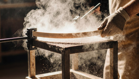 In a warm workshop, a skilled artisan carves a bow from wood, surrounded by swirling dust. The atmosphere is filled with creativity as tools glint in the soft light.の写真素材