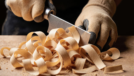 In a warm workshop, hands clad in gloves skillfully cut wood, creating delicate shavings. The scene...