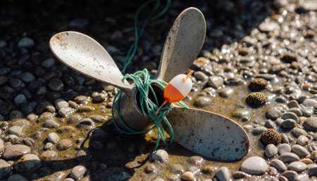A rusted metal propeller sits on smooth pebbles by the water's edge, wrapped in green twine with an orange buoy attached. Morning light glimmers on the surface, reflecting calmness.の写真素材