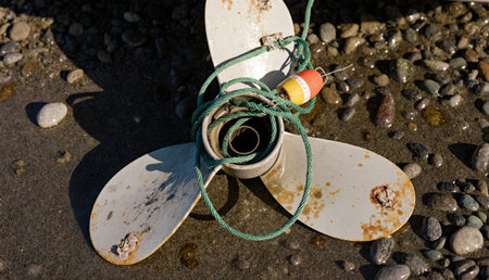 A rustic boat propeller lies on a rocky beach, surrounded by pebbles. A length of twine and a colorful float are tangled in its center, capturing the essence of maritime life.の写真素材