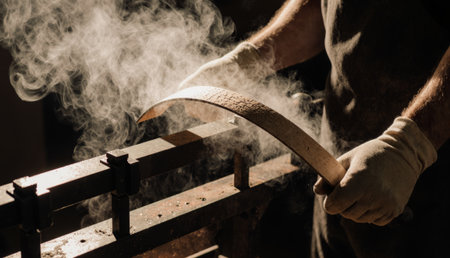 A skilled craftsman shapes a wooden arc by hand in a dimly lit workshop, surrounded by floating dust. The warm glow of the setting sun adds depth to the scene.の写真素材