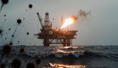 An offshore drilling rig stands tall as flames shoot into the air on a cloudy day. Waves crash...