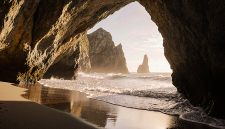 Waves gently wash along the sandy shore as sunlight filters through a natural archway in a rugged cave. Majestic cliffs rise in the background, creating a serene coastal scene.の写真素材