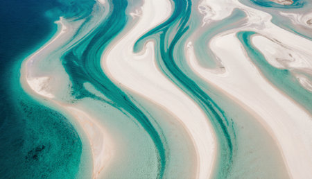 Natural curves of clear turquoise waters flow gracefully around white sandy beaches, creating a stunning coastal landscape.の写真素材