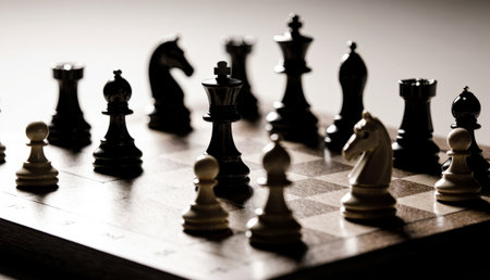 A chessboard filled with intricately designed pieces stands in gentle light. Dark and light figures...