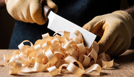 A skilled carpenter uses a sharp knife to carve soft wood, creating delicate shavings that scatter...