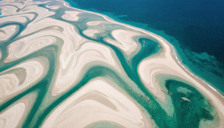 Above the serene coastline, intricate patterns of golden sand and turquoise water dance together under the bright sun. This natural masterpiece showcases the beauty of nature's design.の写真素材