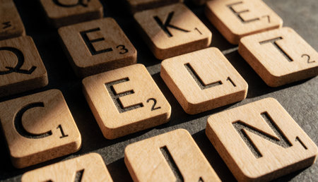 Wooden letter tiles are neatly arranged on a dark surface, showcasing letters and their...