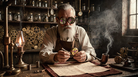 In a rustic workshop, an elderly clockmaker studies a detailed timepiece while surrounded by golden...