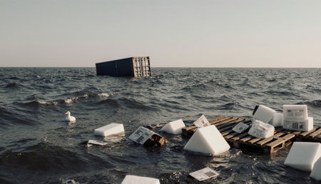 Waves gently lap against a shipping container partially submerged in the water. Styrofoam pieces float nearby as a solitary bird glides across the tranquil surface at sunset.の写真素材