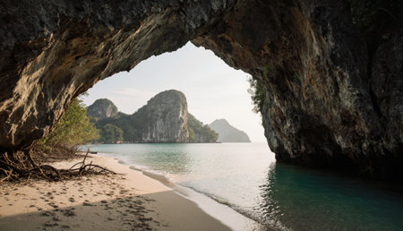 Gentle waves lap against the shore as sunlight filters through a rocky arch. The surrounding cliffs and calm waters create a peaceful seaside escape at midday.の写真素材