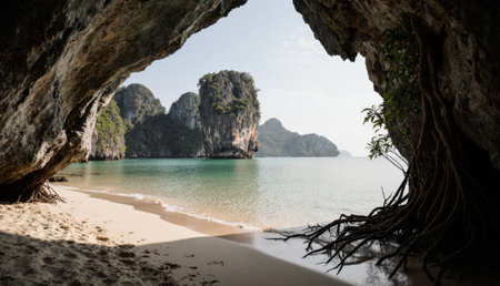 Clear turquoise waters stretch along a sandy beach framed by a rugged cave. Lush islands dot the horizon under a bright blue sky, creating a serene escape in natureâs paradise.の写真素材