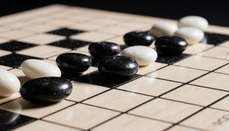 Two sets of stones are carefully placed on a wooden board, showcasing a moment of intense strategy during a game. The dim lighting creates a dramatic atmosphere for this classic rivalry.の写真素材