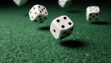 Dice soar through the air above a lush green felt surface, capturing a moment filled with tension and anticipation. The playful scene evokes the thrill of game night with friends.の写真素材