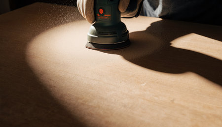 Fingers gently guide a sander across a wooden surface, as fine dust dances in the warm light. This moment captures the blend of craft and care in a peaceful workshop setting.の写真素材