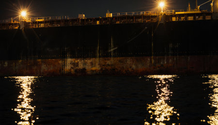 Beneath the night sky, a large cargo ship looms over calm waters, illuminating the scene with warm lights. Soft reflections dance on the surface, creating a serene atmosphere.の写真素材