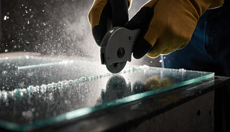 Hands carefully cut through a sheet of glass using a specialized tool in a well-lit workshop....