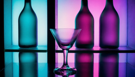 A clear cocktail glass stands elegantly on the bar, illuminated by vibrant lights of blue and purple from the backlit bottles. The scene captures a lively nightlife atmosphere.の写真素材