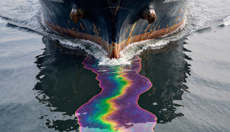 A large vessel cuts through calm waters, leaving a vivid trail behind. This scene captures the...