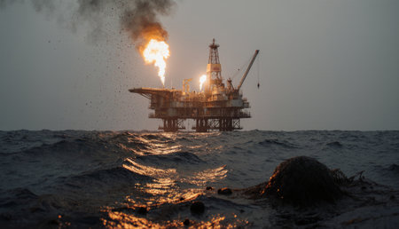 An oil rig towers above the waves, flames bursting from its structure, illuminating the darkening...