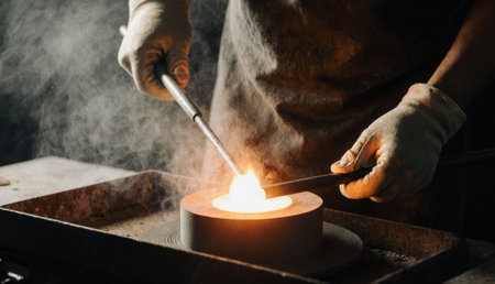 An artisan skillfully molds glowing metal in a forge, surrounded by a smoky atmosphere. The bright...