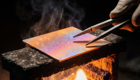 In a dimly lit workshop, a craftsman carefully uses tongs to manipulate a colorful metal sheet,...