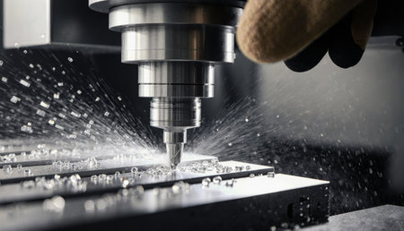 A skilled worker operates a CNC machine to cut metal parts in a modern workshop, surrounded by sparks and coolant spray. The scene captures the intricate process of precision manufacturing.の写真素材