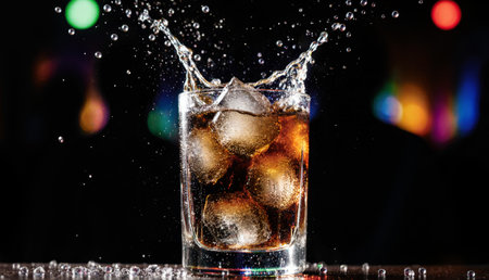 A glass filled with fizzy brown beverage overflows as ice cubes collide, sending droplets flying in...