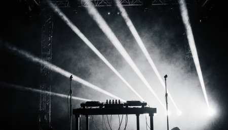 Under an atmospheric haze, powerful light beams cut through darkness towards a DJ booth. Two...