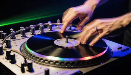 Hands expertly manipulate a vinyl record on a turntable, creating rhythmic beats in a lively nightclub atmosphere. Colorful lights dance around, enhancing the electrifying experience.の写真素材