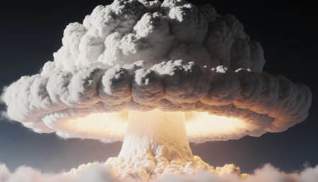 A massive cloud of smoke and vapor erupts from the ground, filling the sky with dark, billowing shapes. The explosion casts an impressive view against the serene backdrop of blue skies.の写真素材