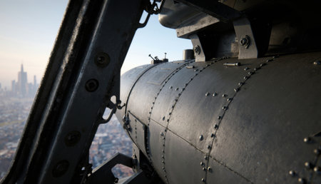 The cockpit of a helicopter overlooks a bustling cityscape, showcasing intricate machine parts while...