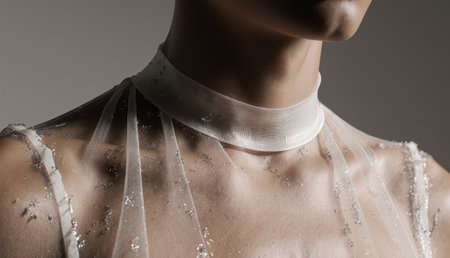A model displays an intricate sheer dress adorned with sparkling embellishments, highlighting the artistry of fashion design. Soft light enhances the elegance of the fabric's texture.の写真素材
