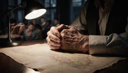 In a softly illuminated room, an elderly man rests his hands on an old map, sharing stories. Behind him, a captivated audience listens intently, merging past and present.の写真素材