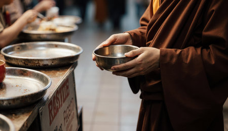 A monk, dressed in traditional robes, holds a metal bowl while collecting alms at a lively market. The scene captures the vibrant atmosphere of daily life intertwined with spiritual practice.の写真素材