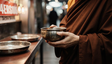 A monk stands quietly in a busy market, holding a bowl as vendors prepare their stalls. The soft light of dawn filters through, creating a serene atmosphere amidst the hustle and bustle.の写真素材